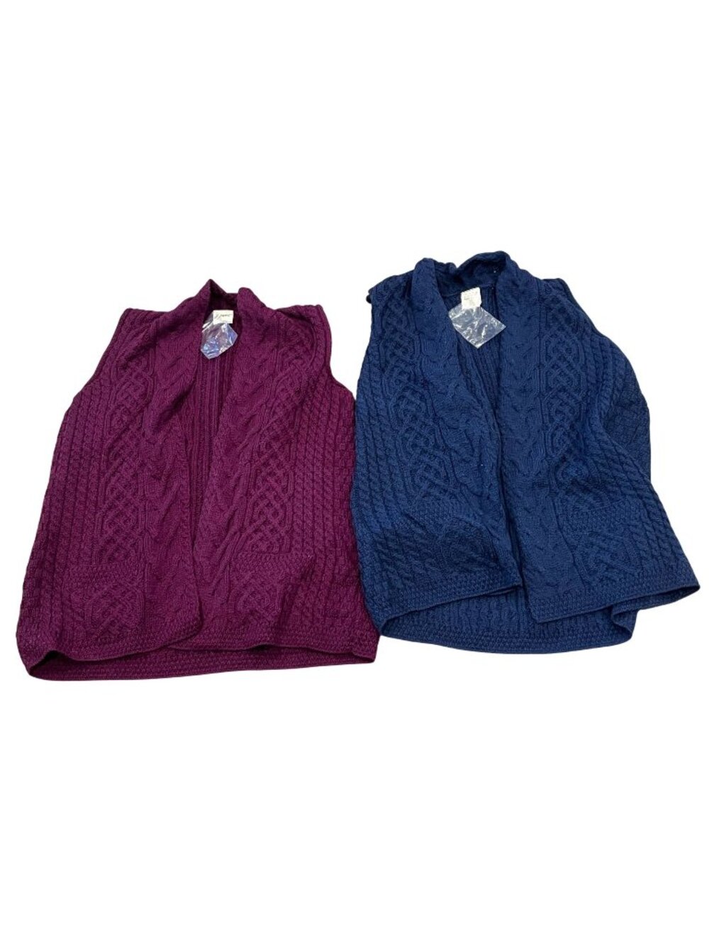 Kilronan Knitwear Open Front Long Vest Pockets 100% Wool Cable Knit Ireland NEW